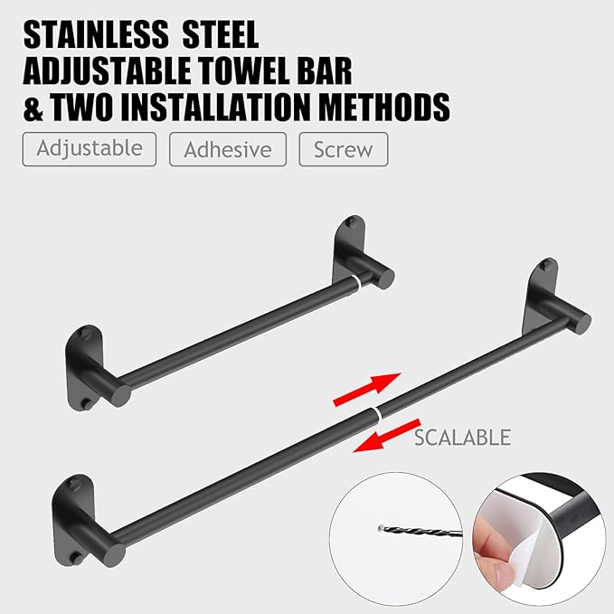 Towel Bar, Adjustable 14.4inch - 25.2inch Towel Rack, Self Adhesive & Wall Mounted for Bathroom Kitchen Hand Towel Holder Cloths Hanger SUS 304 Stainless Steel Organizer Single Bar Matte Black