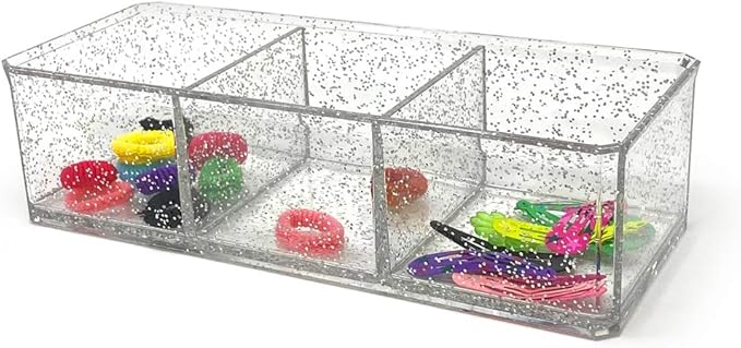 Isaac Jacobs Clear Acrylic 3 Section Organizer- Three Compartment Drawer Tray and Storage Solution for Office, Bathroom, Kitchen, Supplies, and More (Silver Glitter)