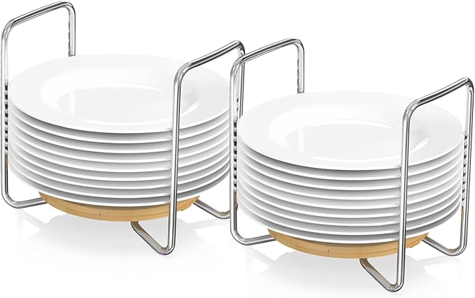 Wisuce Dish Racks for Kitchen Countertop Organizer - Bamboo Plate Holder Adjustable Size | Stainless Steel 304 Portable Handle for Kitchen Drawer Countertop Cupboard Shelf