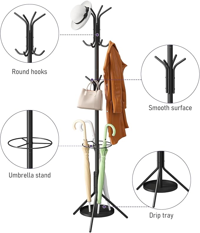 Coat Rack Freestanding,Entryway Hanger Stand,Umbrella Holder,Hall Tree With 12 Hooks, Floor Standing Metal Tree Stand,Black-NeatNest
