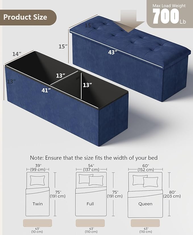 Folding Storage Ottoman Bench, Multi-Functional Ottoman Footrest, End of Bed Bench, Storage Chest for Living Room, Bedroom, Hallway, Entryway, Holds Up to 700 lbs (Navy Blue, 43 Inches)