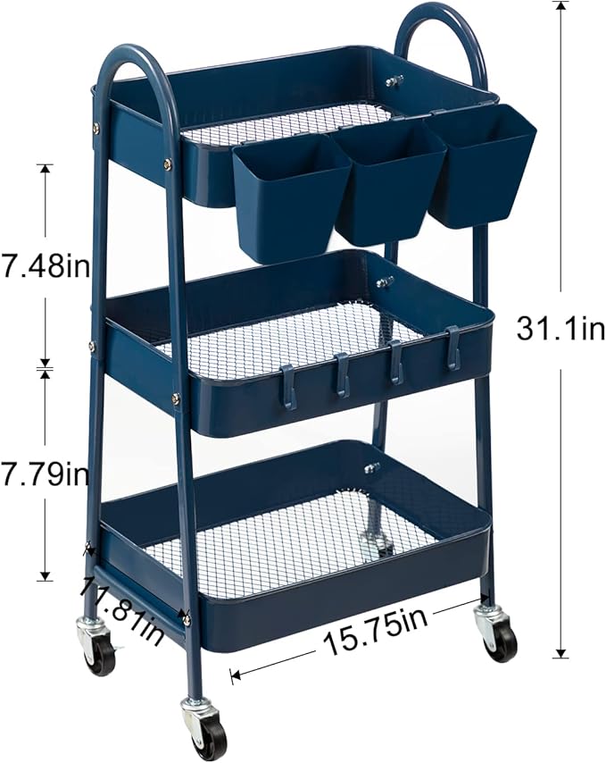 danpinera 3-Tier Rolling Cart, Metal Rolling Storage Cart with Lockable Wheels & Hanging Cups & Hooks, Mobile Trolley Cart for Kitchen, Bathroom, Office, Workshop, Dark Blue-NeatNest