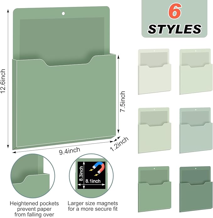 Fuutreo 6 Pcs Magnetic Wall File Organizer Magnetic Wall File Holder Refrigerator Magazine Holder for Mail Letters Paper(Sage Green,10 x 13 Inch,Vertical)