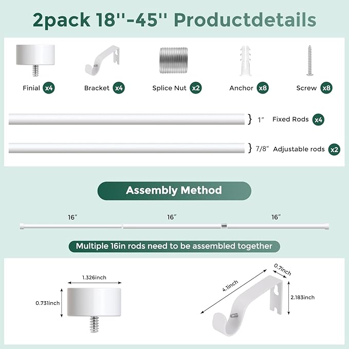 2 Pack Curtain Rods for Windows 18 to 45 Inch(1.5-3.75 Feet),White 1'' Diameter Drapery Rods with End Cap Style Design,Modern Adjustable Heavy Duty Curtain Rod,Size:18''-45''
