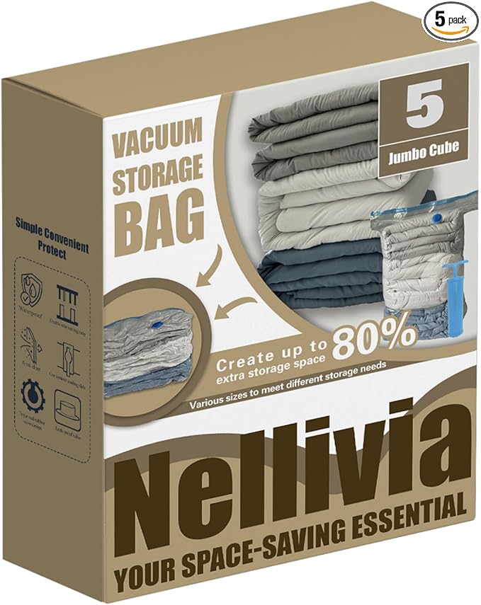 5 Jumbo Cube Vacuum Storage Bags, Supersized Square Bottom Design Compression Space Saver Bags for Comforters, Blankets, Duvets and Clothes, Durable Seal, Puncture Resistant, Hand Pump Included-NeatNest