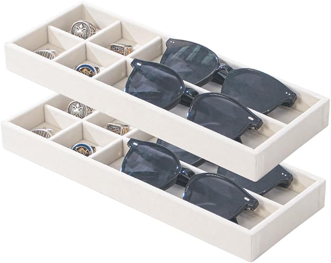 2Pcs Desk Drawer Storage Tray, Nightstand Organizer, Necklace Bracelet Ring Earring Jewelry Display, Grid Table Organizer Holder for Sunglass, Phone, Watch, Perfume (6 grid)/Beige-NeatNest