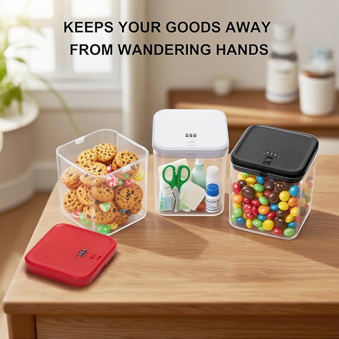 Clear Lockable Storage Box for Medicine Safe,Food Jar,Snacks,Phone - Secure Lock Box Refrigeator Container Bin Store Tank with Combination for Kitchen,Home,Office,Hospital (5.6×5.6×6.3 In) (Red)-NeatNest