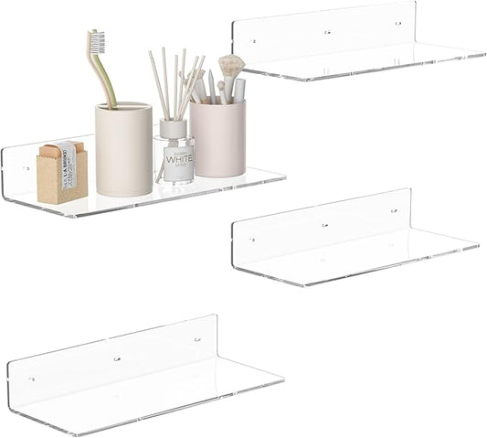 15 Inches Clear Acrylic Shelves, Wall Mounted Shelves for Bedroom, Wall Display Shelves for Collectibles, Funko Pop, Speaker, Plants, Space Saver, Wide Application, 4 Pack-NeatNest