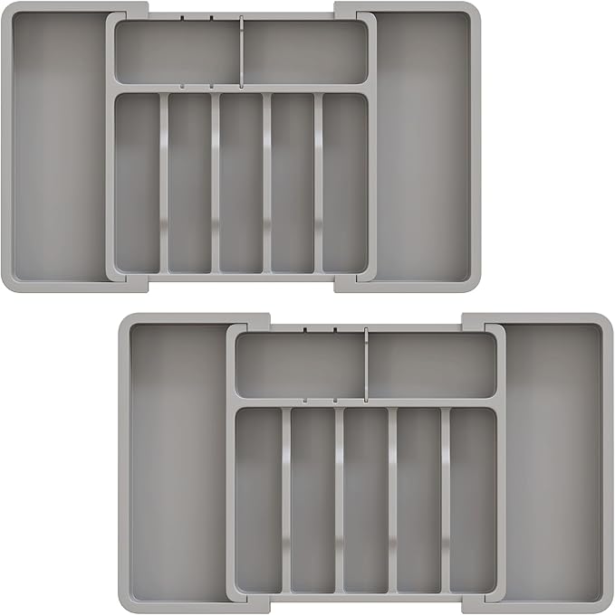 2 Pack Silverware Organizer, Expandable and Adjustable Kitchen Utensil Drawer Organizer, Plastic Cutlery Holder with Multiple Compartments,Cutlery Holder,for Spoons Forks Knives,Grey,UAFD012G-NeatNest