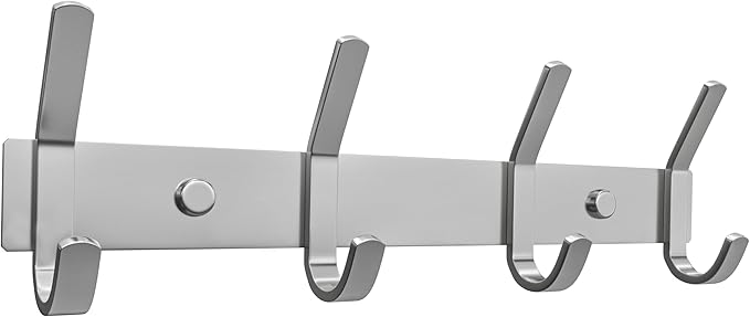 Coat Rack Wall Mount – Brushed Nickel 12 Inch Stainless Steel Hook Rail with 4 Heavy Duty Double Coat Hooks – Wall Mounted Coat Hanger for Entryway, Bathroom, Bedroom, Towel, Hat Organizer-NeatNest