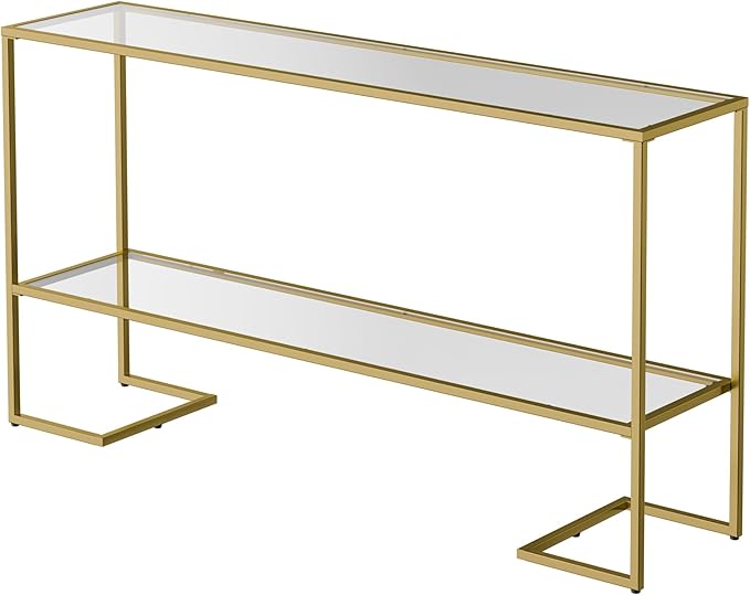 Cozy Castle 52" Console Table, 2-Tier Narrow Tempered Glass Sofa Table with Metal Frame for Living Room, Hallway, Bedroom, Gold-NeatNest