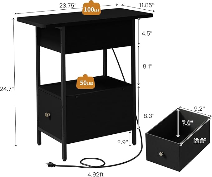 SOOWERY End Table with Charging Station, Narrow Side Table with Flip Top Cabinet and Fabric Drawer, Nightstand Bedside Tables for Small Spaces, Bedroom, Living Room, Black