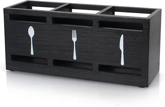 Ayiaren Wooden Silverware Caddy Flatware Cutlery Holder Wood Silverware Organizer Containers Small Black Kitchen Utensil Holder for Countertop Spoon and Fork Holder Flatware Utensils Caddy for Party-NeatNest