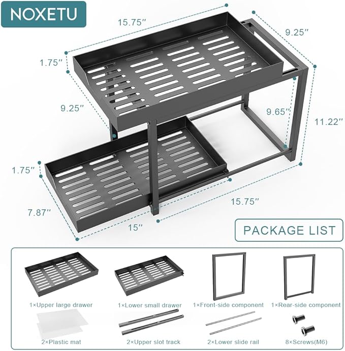 1 Packs Under Sink Organizers, 2 Tier Bathroom Organizers and Storage, Pull Out Cabinet Organizer Shelf, Metal Sliding Drawer for Kitchen Pantry Cabinet Closet Organization Rack (Black, 1 Pack)