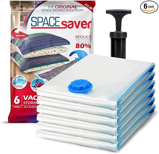 6 Pack Jumbo Vacuum Storage Bags for Comforters, Blankets & Clothes – Jumbo Vacuum Sealed Compression Bags with Hand Pump – Space Saver Storage Bags for Bedding, Moving, Travel & Organization-NeatNest