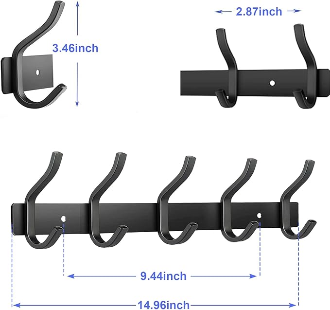 AZW Coat Rack Wall Mount,Heavy Duty Stainless Steel Metal Coat Hooks Hanging for Robes Bags Keys Hat Clothes and Bathroom Door Towels Hanger(Matte Black 5 Hooks)-NeatNest