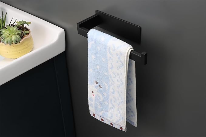 Hand Towel Holder, Strong Self Adhesive Hand Towel Ring, Thicken SUS304 Stainless Steel Hand Towel Bar/Rack, No Drilling Modern Hand Towel Hanger (Matte Black, 2 Pack 9 in)