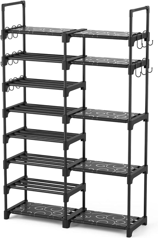 ROJASOP Shoe Rack Organizer, 8-Tier Metal Shoe Rack for Closet Entryway Garage, 26-32 Pairs Tall Shoe Boot Storage Shelf with 15 Hooks, Stackable Large Shoe Stand-NeatNest