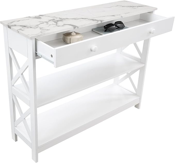 Convenience Concepts Oxford 1 Drawer Console Table with Shelves, White Faux Marble/White-NeatNest