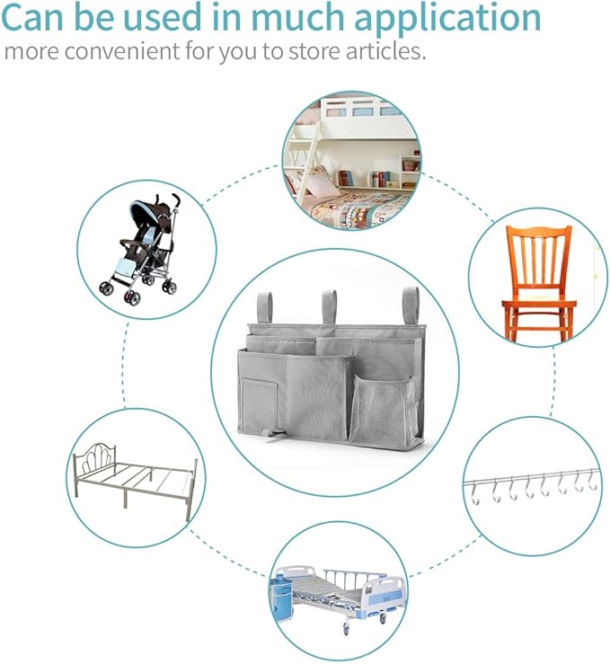 Bseash Bunk Bed Organizer, Bedside Caddy Hanging Bed Organizer Storage Bag 8 Pockets, for College Dorm Rooms Bed, Hospital Bed, Baby Bed Rails, 600D Oxford Cloth (Gray)-NeatNest