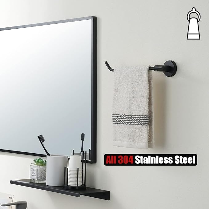 JQK Black Hand Towel Bar, Stainless Steel Towel Ring for Bathroom, 9 Inch Necklace Holder Matte Black Wall Mount Left Hand, TR101-PB
