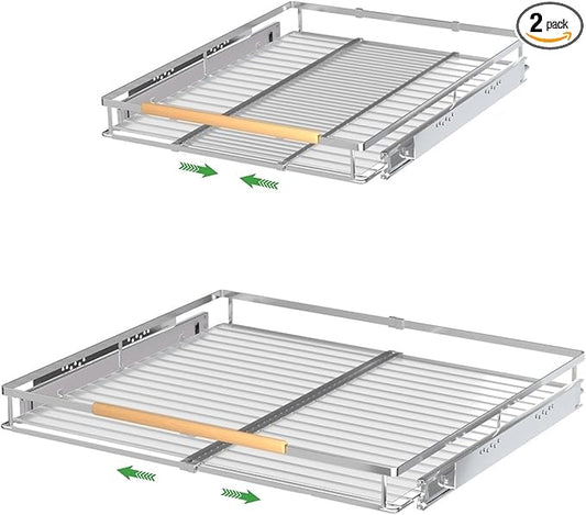 Expandable Pull Out Drawer Cabinet Organizers, Heavy Duty Slide Out Storage Shelf for Home Kitchen Pantry Cupboard Pots Pans, Adjustable Width from 16.2" to 26.2", Stainless 2 Packs-NeatNest