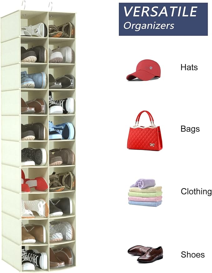 coastal rose Hanging Shoe Organizer for Closet, 20 Sections Hanging Closet Organizers and Storage Shelves, Space Saving Shoe Storage Rack Holder, Beige, 12''W×12''Dx 50''H-NeatNest