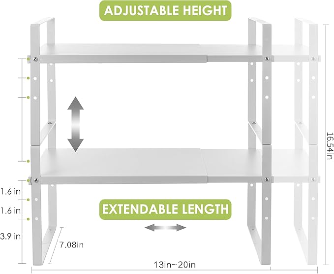 Expandable Cabinet Shelf Organizer Rack, Stackable Kitchen Counter Storage Shelves Stand, Adjustable Height Pantry Shelf Spice Rack (White, 2 Pack)-NeatNest