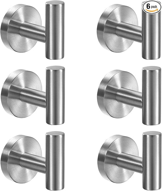 Kruodop Towel Hooks for Bathroom,6 Packs Wall Mount Towel Holder,Black Matte Wall Robe Hook,Stainless Steel Heavy Duty Door Hanger Towel Hook for Kitchen, Bedroom,Hotel,Pool,Coats - Silver