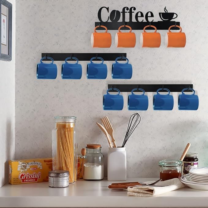 Coffee Mug Holder Wall Mount With 12 Hooks, 3 Packs Metal Mug Rack With Tea Sign, Cup Hanger for Bar Kitchen Organizer Display, Corner Nook Decor, Black-NeatNest