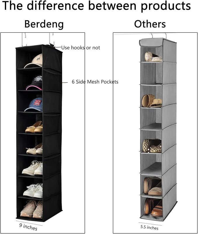 Hanging Shoe Organizer for Closet with Side Mesh Pockets，Hat Racks for Baseball Caps，Shoe and Hat Holder & Storage，8-Shelf，Black，2 Pack-NeatNest