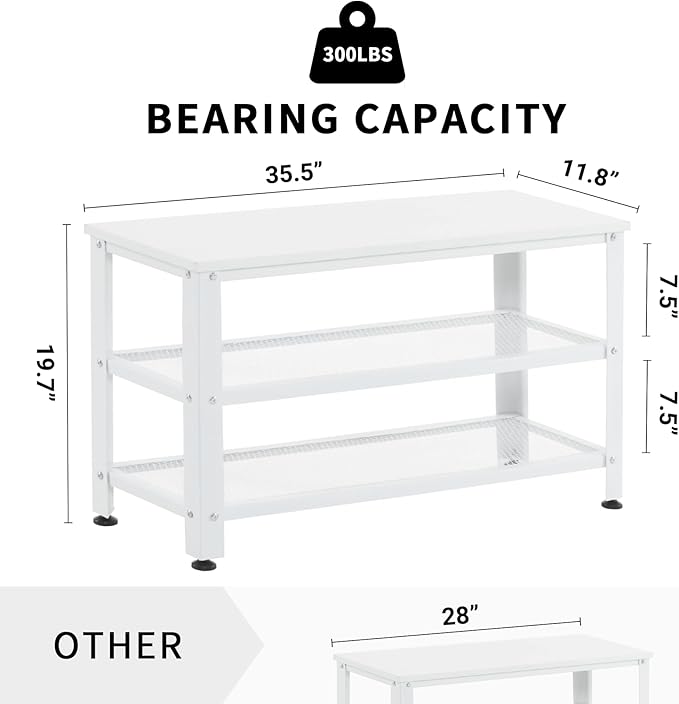 Apicizon White Shoe Rack, 35.5 Inches 3-Tier Shoe Rack for Entryway with Long Seat and Metal Shelves for Garage, Entryway Bench for Hallway Front Door, Mudroom, Doorway, Living Room, Bedroom-NeatNest