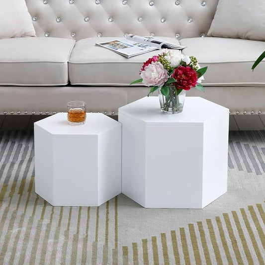 Small Coffee Table Nesting End Table Set of 2, Hexagon Side Table Coffee Table Wood Accent Tables for Small Spaces Living Room Bedroom Balcony Office, White