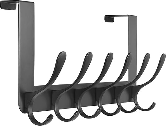 SKOLOO Over The Door Hooks - for Doors up to 4.5cm Thick, No Assembly Required, Stainless Steel Door Hanger with 6 Hooks, Over The Door Hanger for Coats Clothes Hat Towel Jacket, Black
