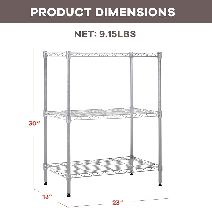 3-Tier Wire Shelving Unit Storage Shelves Shelf Organizer 30"x23"x12" Heavy Duty Metal Storage Rack Wire Rack NSF Height Adjustable for Laundry Bathroom Kitchen Garage Shelving(Chrome)