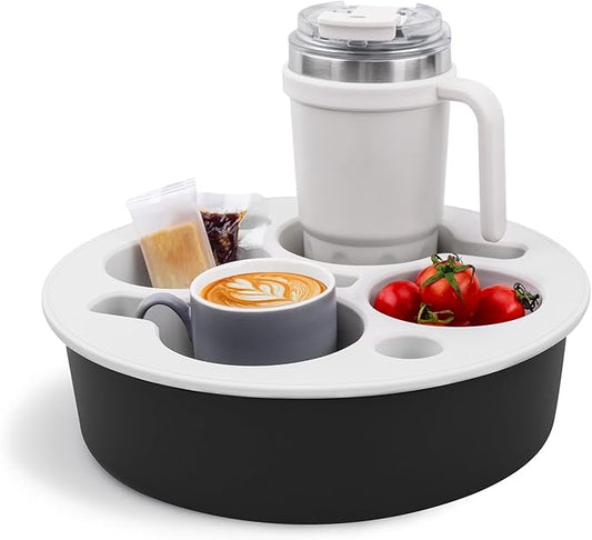 Round 7-in-1 Bed & Couch Cup Holder Tray,Waterproof Silicone Sofa and Bed Organizer Caddy,Large Capacity Couch Drink Holder Caddy for Remote Control Drinks, Snacks, Cell Phones, Headphones-NeatNest
