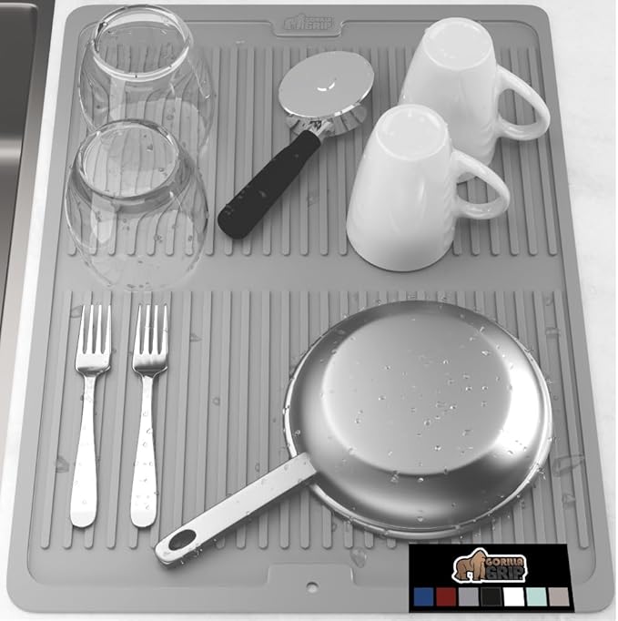 GORILLA GRIP 100% BPA-Free Patented Silicone Dish Drying Mat for Kitchen Counter, 18x24 Inch, Water Catching Ribbed Design, Easy Clean Waterproof Sink Liner, Heat Resistant, Fits Under Rack, Gray