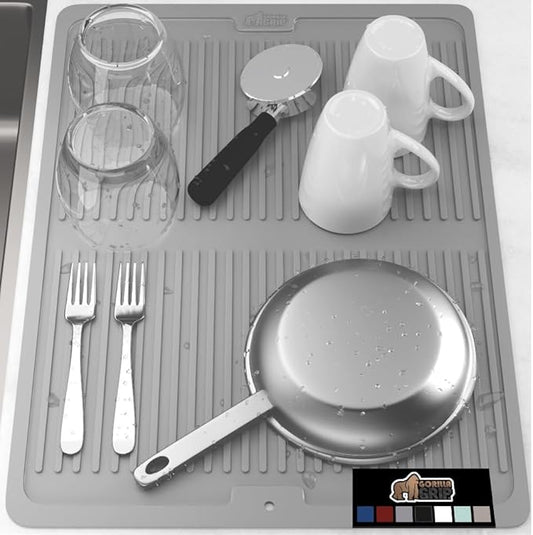 GORILLA GRIP 100% BPA-Free Patented Silicone Dish Drying Mat for Kitchen Counter, 18x24 Inch, Water Catching Ribbed Design, Easy Clean Waterproof Sink Liner, Heat Resistant, Fits Under Rack, Gray