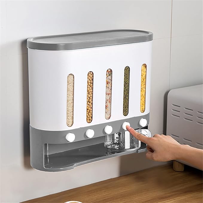 5 Grid Grain Dispenser Rice Dispenser Countertop Multi Cereal Dispenser Wall Mounted Dry Food Dispenser Rice Bucket Grains Storage Container for Rice, Beans, Grains,Dry Food-NeatNest