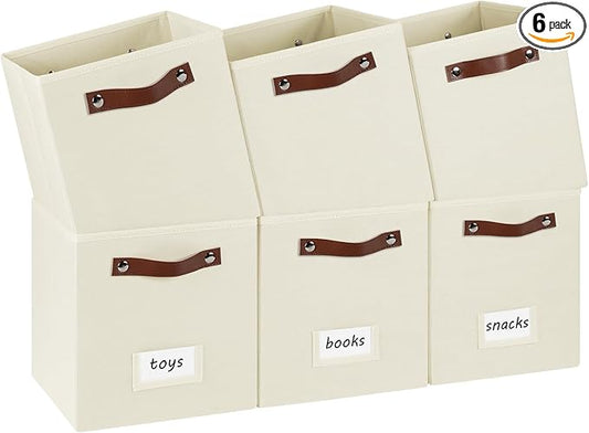 6-Pack Collapsible Fabric Storage Cubes with Handles & Label Holders, Closet Cube Home Organizer Bins (Beige, 10.5*10.5*11 inch)