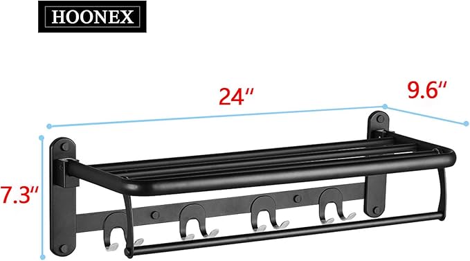 HOONEX Foldable Towel Rack for Bathroom Wall Mounted, with Towel Hooks and Adjustable Towel Bar, 304 Stainless Towel Holder, 24-Inch Bathroom Towel Shelf, Black