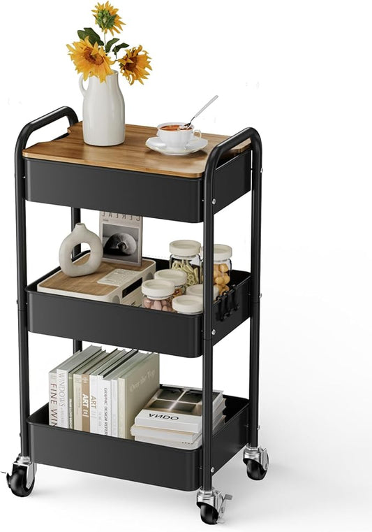 3 Tier Rolling Cart with Table top, Metal Utility Cart, Sturdy Storage Organizer Cart with Locking Wheels & Hooks for Office, Classroom, Kitchen and Bathroom-NeatNest