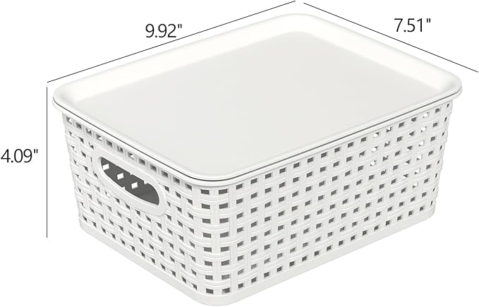 6 Pack Plastic Storage Baskets with Lids, Stackable Decorative Box Bin, Small Weave Storage Containers, White