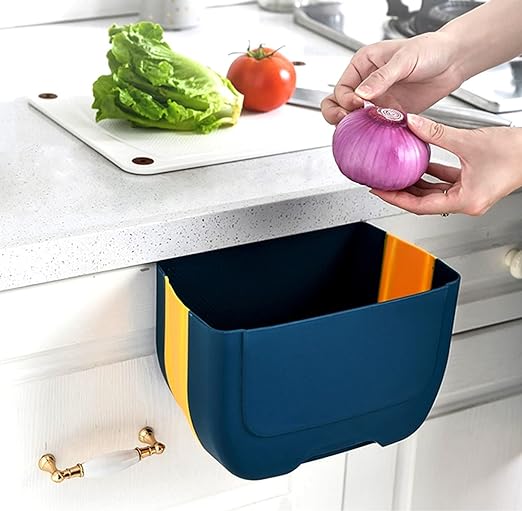 Hanging Folding Mini Trash Can for Kitchen Cabinet Door, Small Collapsible Garbage Bin Under Sink,Wall Mounted Folding Waste Bin- Mini Garbage Container for Cabinet/Bedroom/Bathroom 3L (Blue Yellow)-NeatNest