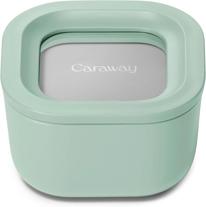 Caraway Mini Square Food Storage Container - 1.75 Cup Glass Storage Container for Food - Non-Toxic Ceramic-Coated Glass - Air Release Technology - Compact & Stackable Design - Mist-NeatNest