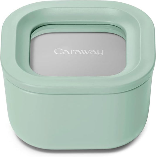 Caraway Mini Square Food Storage Container - 1.75 Cup Glass Storage Container for Food - Non-Toxic Ceramic-Coated Glass - Air Release Technology - Compact & Stackable Design - Mist-NeatNest