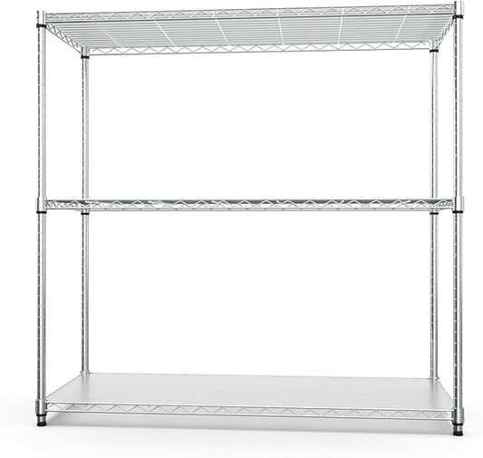 3 Tier NSF Wire Shelf Shelving Unit, 18 x 48 x 48 Inch 1050lbs Capacity Heavy Duty Adjustable Storage Metal Rack with Leveling Feet & Shelf Liners, Ideal for Garage, Kitchen, Office and More - Chrome