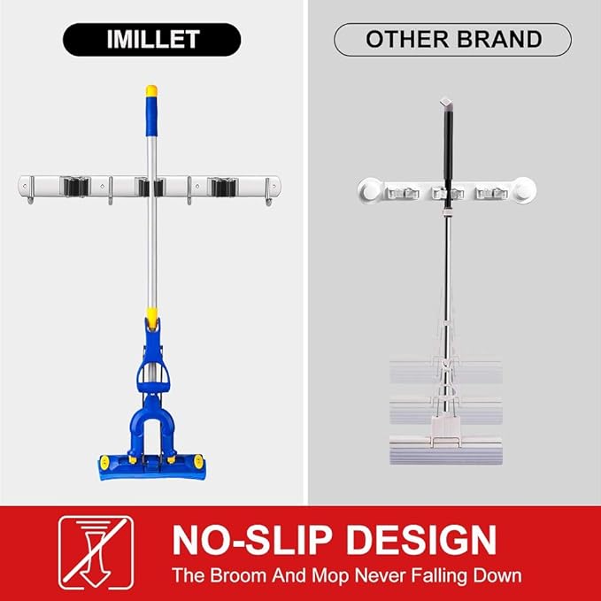 IMILLET 2 Pack Broom and Mop Holder Wall Mounted, Stainless Steel Broom Holder Mop Holder Self Adhesive Heavy Duty Hooks Storage Organizer for Home Laundry Room Garden Garage Closet Kitchen-NeatNest