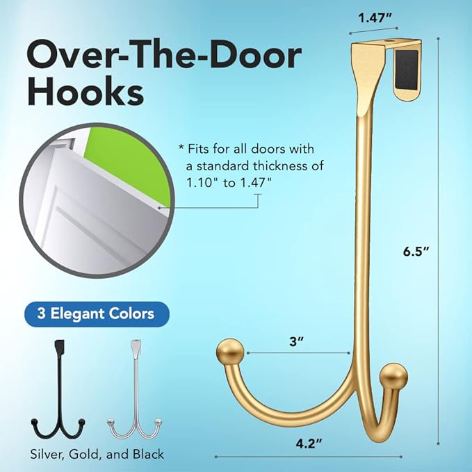 2-Pack Over The Door Hooks - with 2 Hang Heads & Snug Fit Pads Heavy Duty Hook for Hanging Coats, Towels, Caps & Robes - Elegant Matt Finish - No Drill Hanger Organizer - Gold