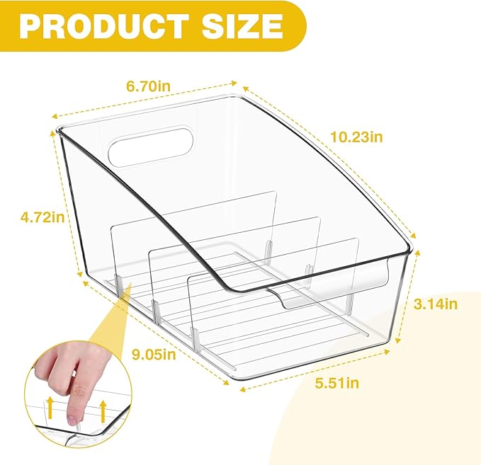 6 Pack Clear Pantry Organizer Storage Bins Removable Snack Organizer Plastic Cabinet Organizers Racks with 3 Dividers, Refrigerator Bins Kitchen Storage-NeatNest